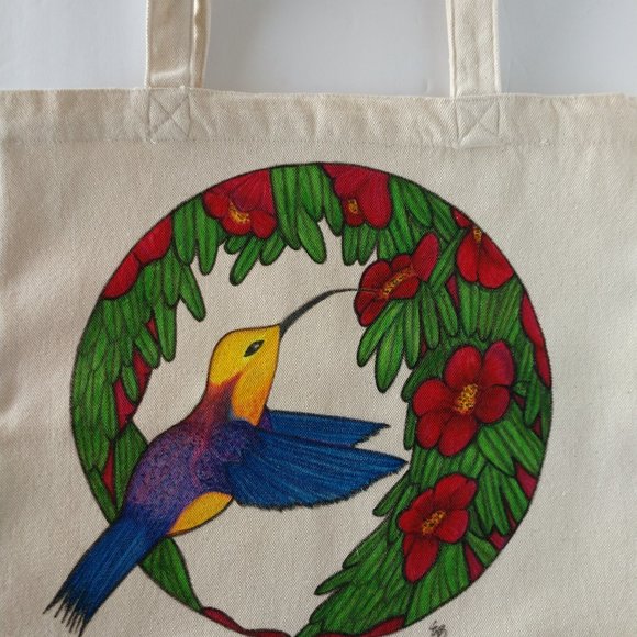 Handmade Painted Tote Bag Blue & Gold Hummingbird in Red Flowers 13.5x13.5x3.5 - Picture 5 of 16